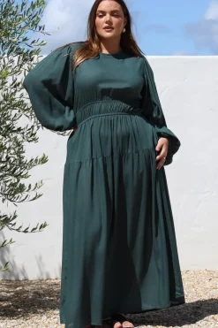 Sheyne Maxi Dress - Long Balloon Sleeve Elasicated Waist A Line Dress in Green><noscript><img width=
