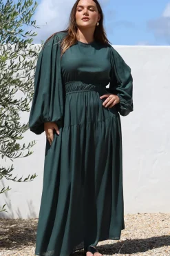 Sheyne Maxi Dress - Long Balloon Sleeve Elasicated Waist A Line Dress in Green><noscript><img width=