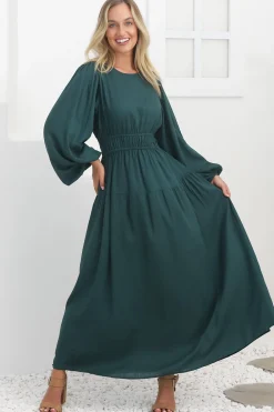 Sheyne Maxi Dress - Long Balloon Sleeve Elasicated Waist A Line Dress in Green><noscript><img width=