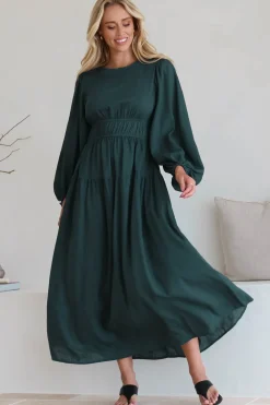 Sheyne Maxi Dress - Long Balloon Sleeve Elasicated Waist A Line Dress in Green><noscript><img width=