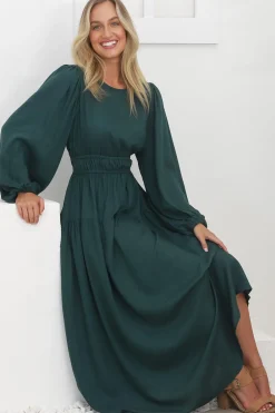 Sheyne Maxi Dress - Long Balloon Sleeve Elasicated Waist A Line Dress in Green><noscript><img width=