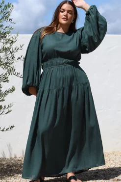 Sheyne Maxi Dress - Long Balloon Sleeve Elasicated Waist A Line Dress in Green><noscript><img width=