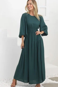Sheyne Maxi Dress - Long Balloon Sleeve Elasicated Waist A Line Dress in Green><noscript><img width=
