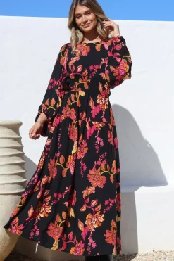 Sheyne Maxi Dress - Long Balloon Sleeve Elasticated Waist A Line Dress in Valerie Print><noscript><img width=