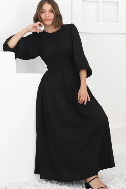 Sheyne Maxi Dress - Long Balloon Sleeve Elasicated Waist A Line Dress in Black>Salty Crush Best