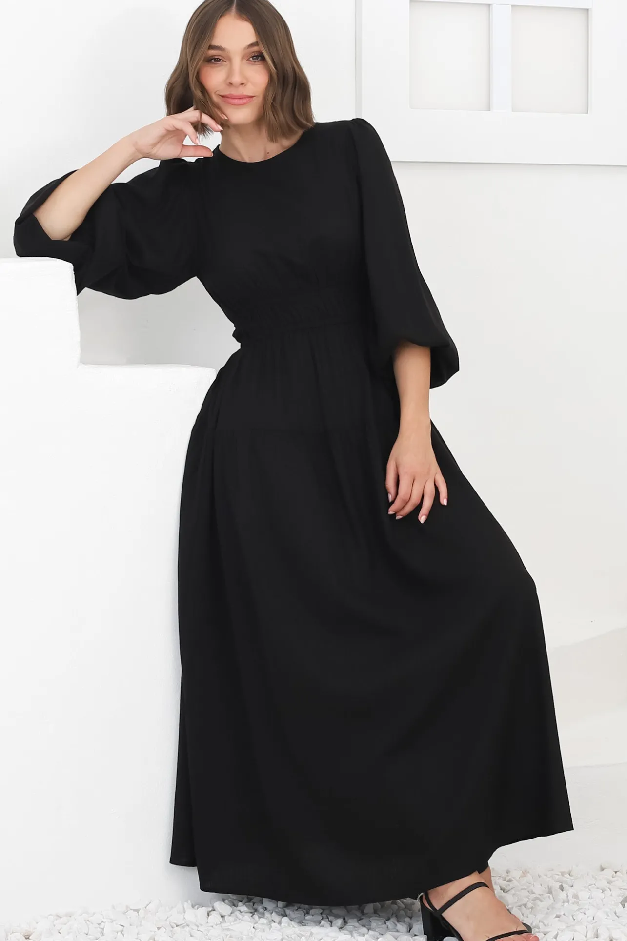 Sheyne Maxi Dress - Long Balloon Sleeve Elasicated Waist A Line Dress in Black>Salty Crush Best