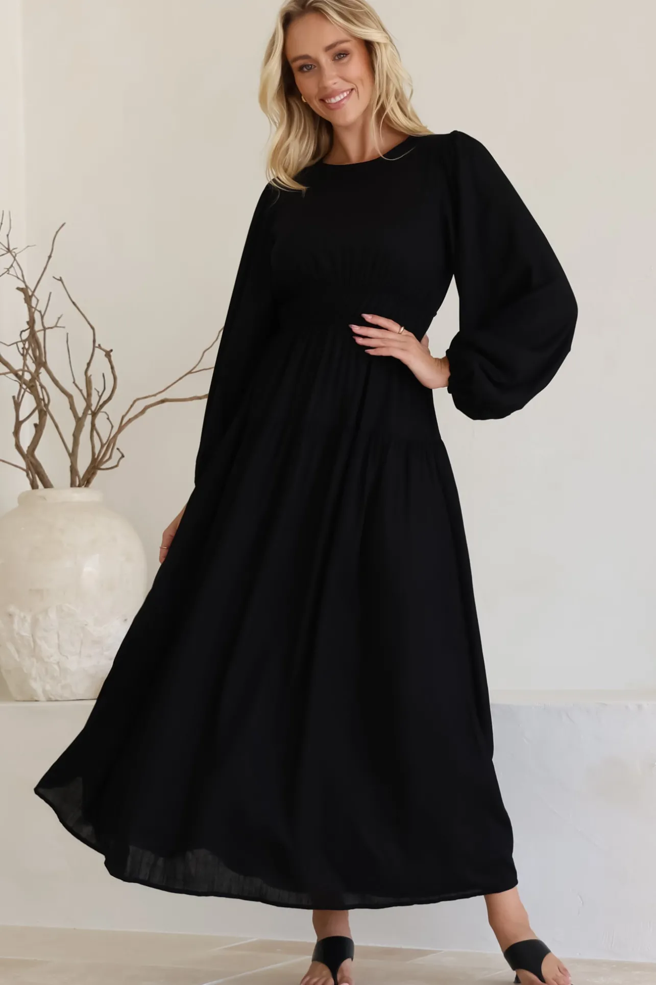 Sheyne Maxi Dress - Long Balloon Sleeve Elasicated Waist A Line Dress in Black>Salty Crush Best