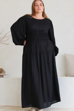 Sheyne Maxi Dress - Long Balloon Sleeve Elasicated Waist A Line Dress in Black><noscript><img width=
