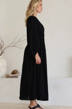 Sheyne Maxi Dress - Long Balloon Sleeve Elasicated Waist A Line Dress in Black><noscript><img width=