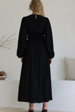 Sheyne Maxi Dress - Long Balloon Sleeve Elasicated Waist A Line Dress in Black><noscript><img width=