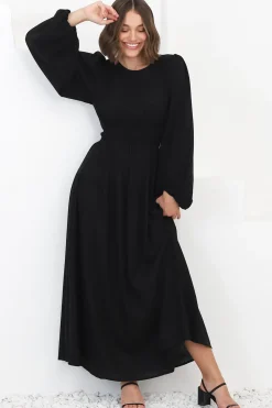 Sheyne Maxi Dress - Long Balloon Sleeve Elasicated Waist A Line Dress in Black><noscript><img width=