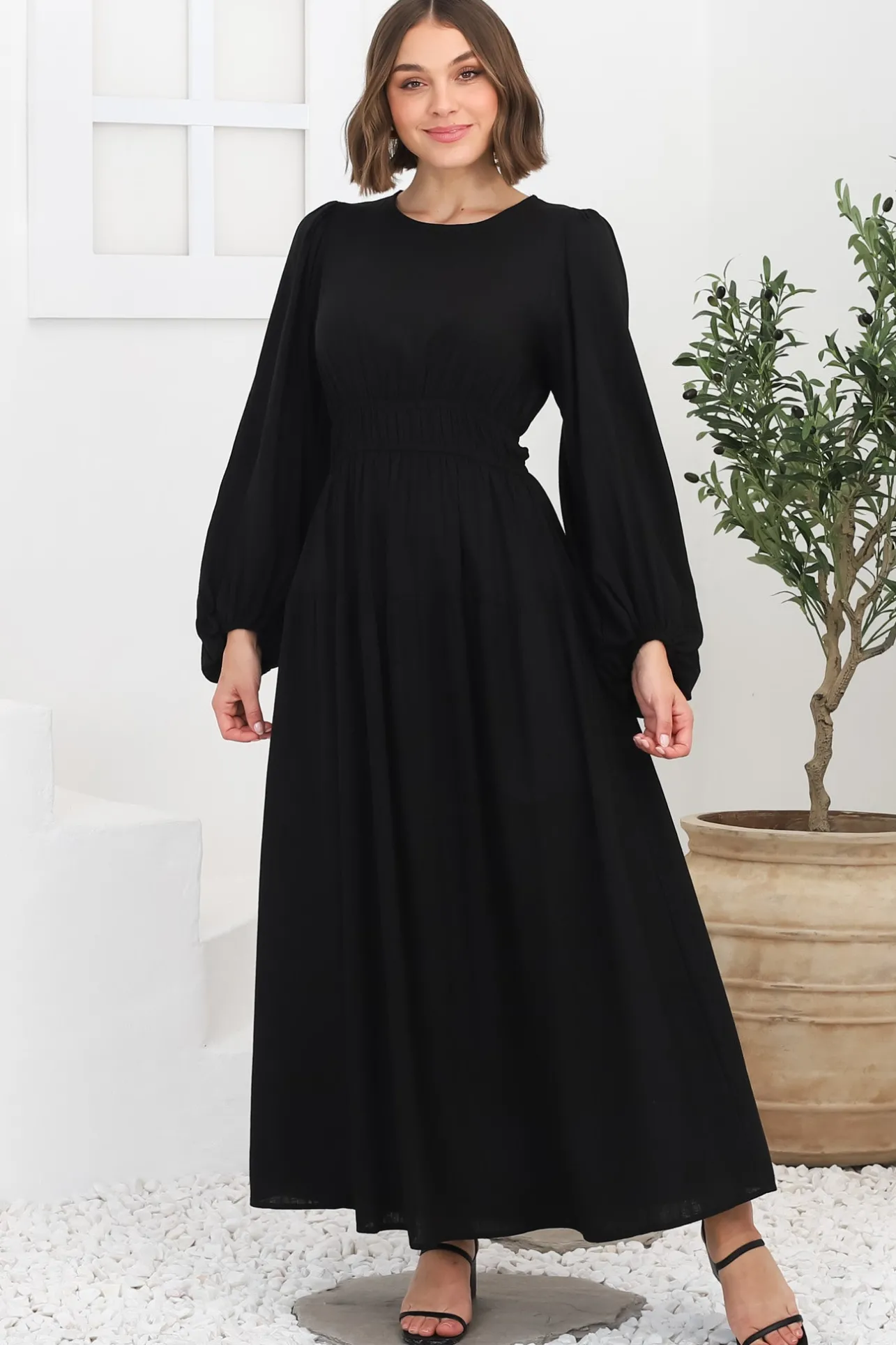 Sheyne Maxi Dress - Long Balloon Sleeve Elasicated Waist A Line Dress in Black>Salty Crush Best