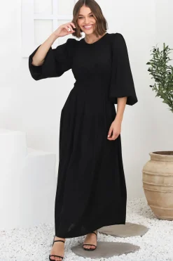 Sheyne Maxi Dress - Long Balloon Sleeve Elasicated Waist A Line Dress in Black><noscript><img width=