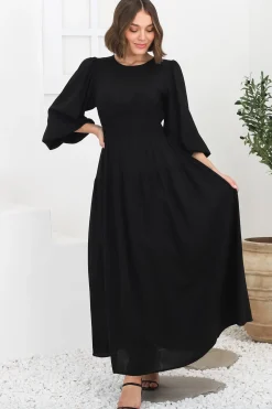 Sheyne Maxi Dress - Long Balloon Sleeve Elasicated Waist A Line Dress in Black><noscript><img width=