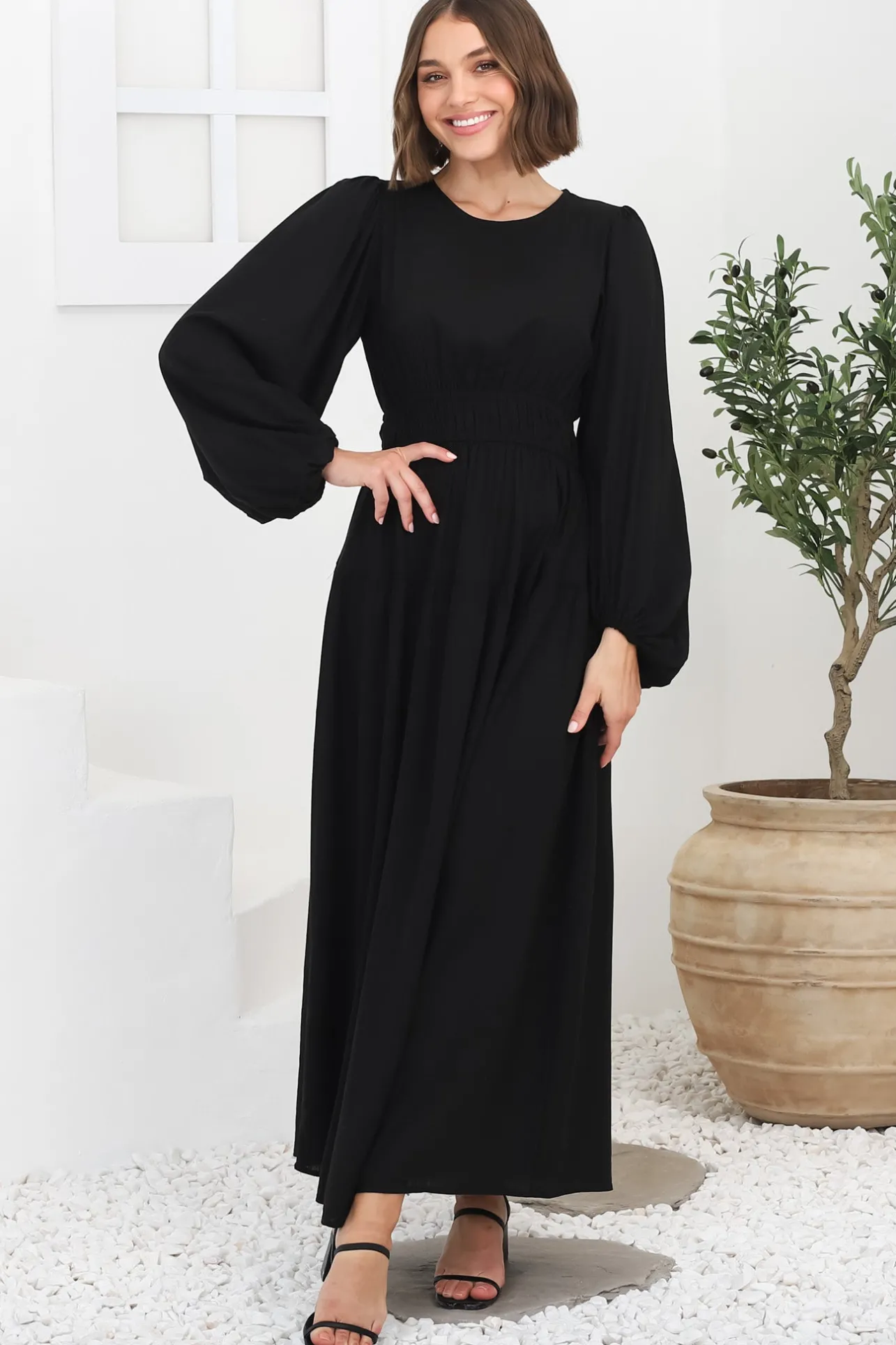 Sheyne Maxi Dress - Long Balloon Sleeve Elasicated Waist A Line Dress in Black>Salty Crush Best