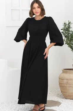 Sheyne Maxi Dress - Long Balloon Sleeve Elasicated Waist A Line Dress in Black><noscript><img width=