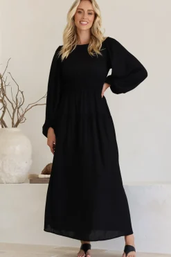 Sheyne Maxi Dress - Long Balloon Sleeve Elasicated Waist A Line Dress in Black><noscript><img width=