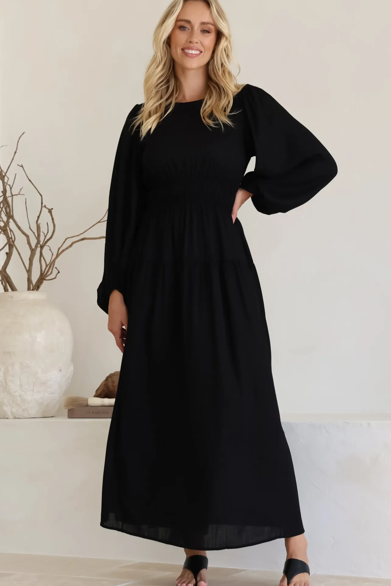 Sheyne Maxi Dress - Long Balloon Sleeve Elasicated Waist A Line Dress in Black>Salty Crush Best