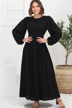 Sheyne Maxi Dress - Long Balloon Sleeve Elasicated Waist A Line Dress in Black><noscript><img width=