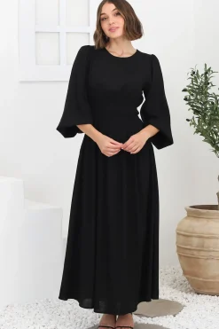 Sheyne Maxi Dress - Long Balloon Sleeve Elasicated Waist A Line Dress in Black><noscript><img width=