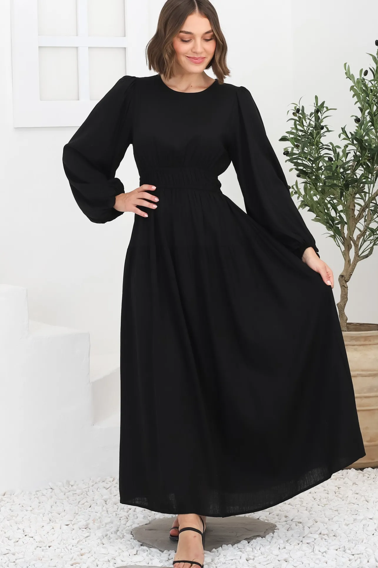 Sheyne Maxi Dress - Long Balloon Sleeve Elasicated Waist A Line Dress in Black>Salty Crush Best