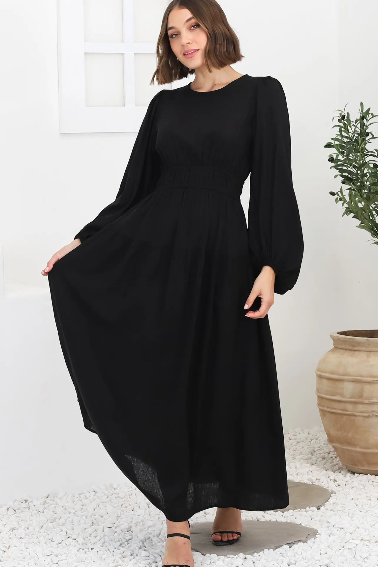 Sheyne Maxi Dress - Long Balloon Sleeve Elasicated Waist A Line Dress in Black>Salty Crush Best