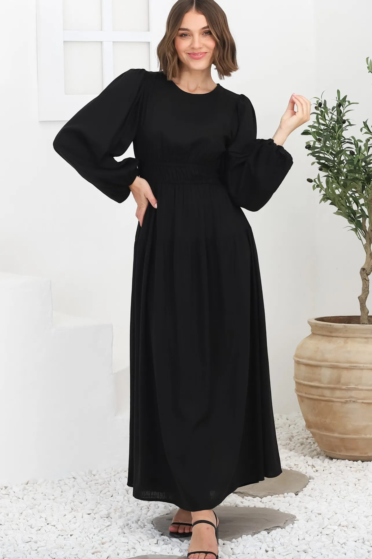 Sheyne Maxi Dress - Long Balloon Sleeve Elasicated Waist A Line Dress in Black>Salty Crush Best
