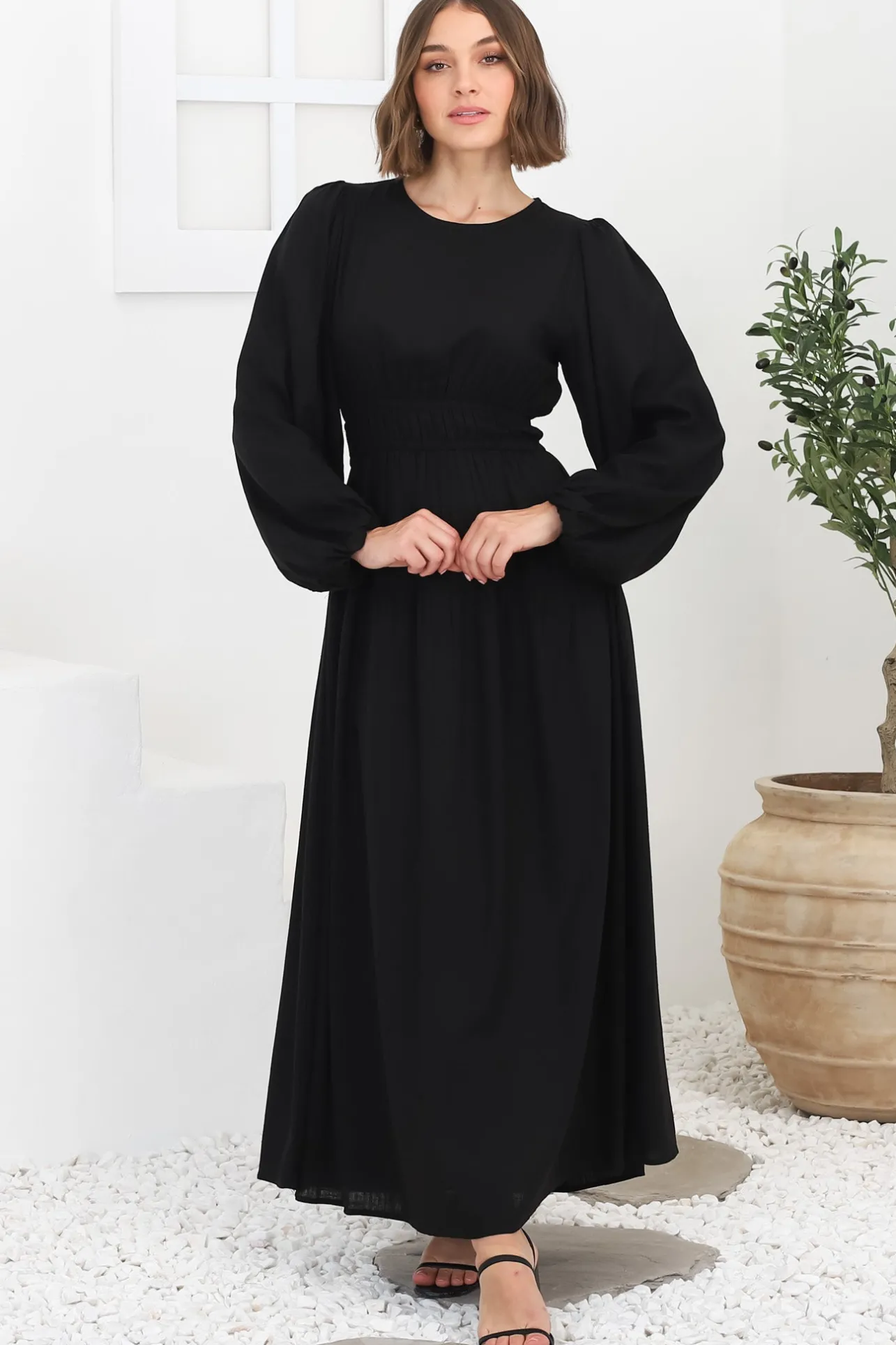 Sheyne Maxi Dress - Long Balloon Sleeve Elasicated Waist A Line Dress in Black>Salty Crush Best