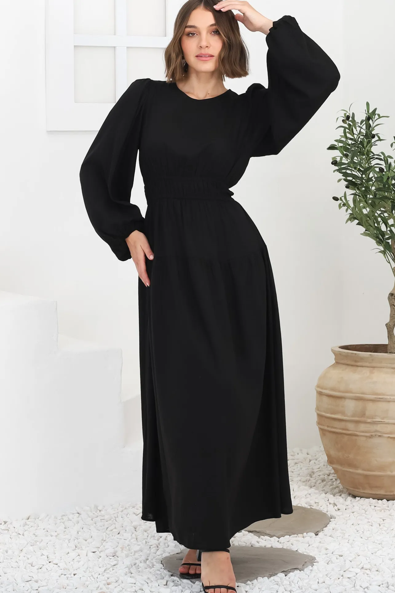 Sheyne Maxi Dress - Long Balloon Sleeve Elasicated Waist A Line Dress in Black>Salty Crush Best