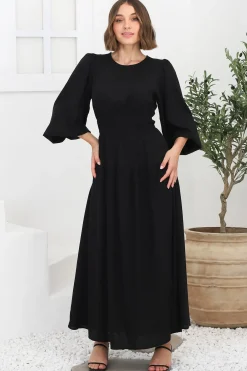 Sheyne Maxi Dress - Long Balloon Sleeve Elasicated Waist A Line Dress in Black><noscript><img width=