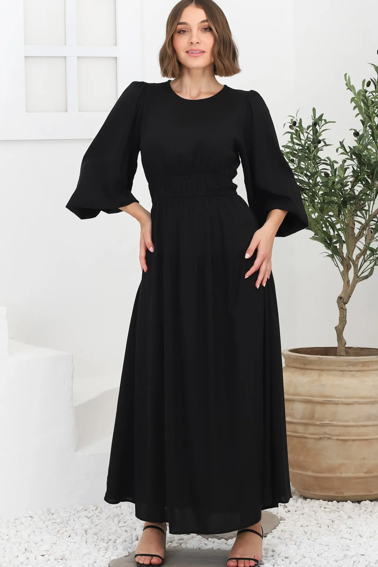 Sheyne Maxi Dress - Long Balloon Sleeve Elasicated Waist A Line Dress in Black>Salty Crush Best