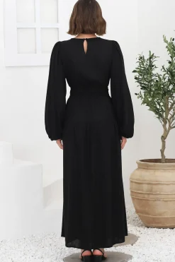 Sheyne Maxi Dress - Long Balloon Sleeve Elasicated Waist A Line Dress in Black><noscript><img width=