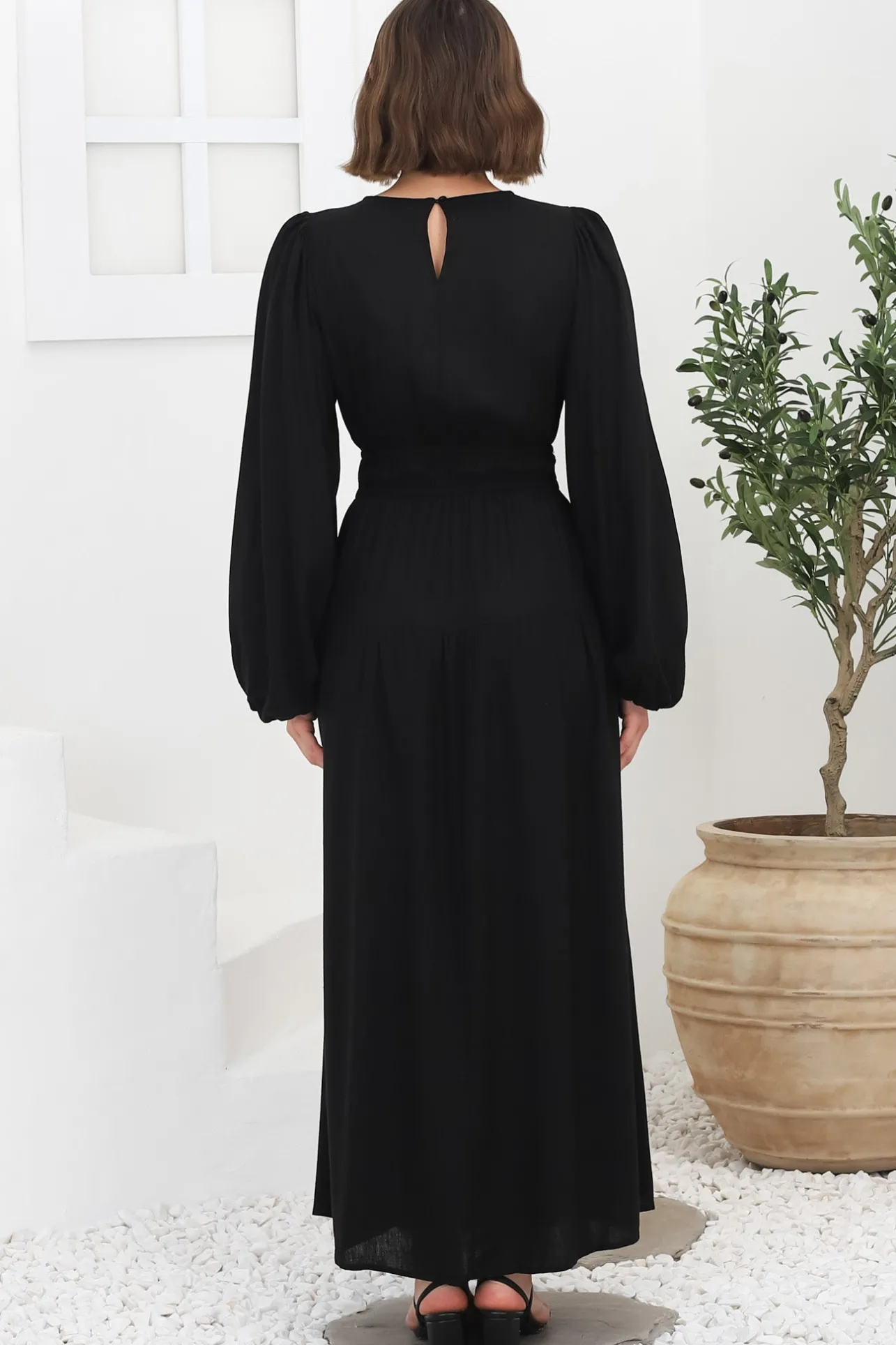 Sheyne Maxi Dress - Long Balloon Sleeve Elasicated Waist A Line Dress in Black>Salty Crush Best