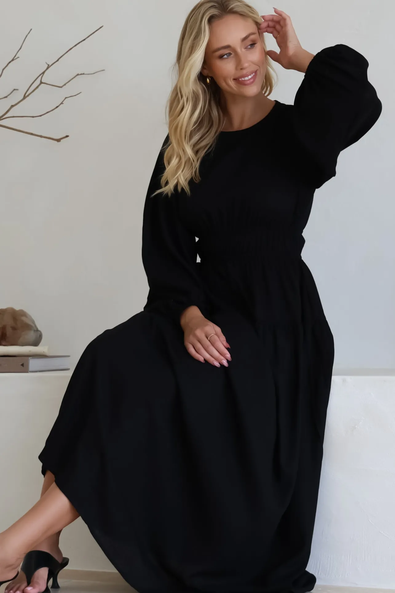 Sheyne Maxi Dress - Long Balloon Sleeve Elasicated Waist A Line Dress in Black>Salty Crush Best