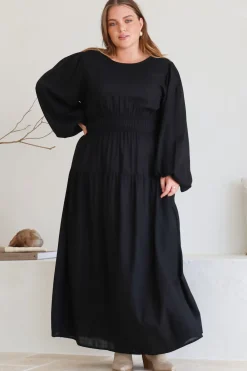 Sheyne Maxi Dress - Long Balloon Sleeve Elasicated Waist A Line Dress in Black><noscript><img width=