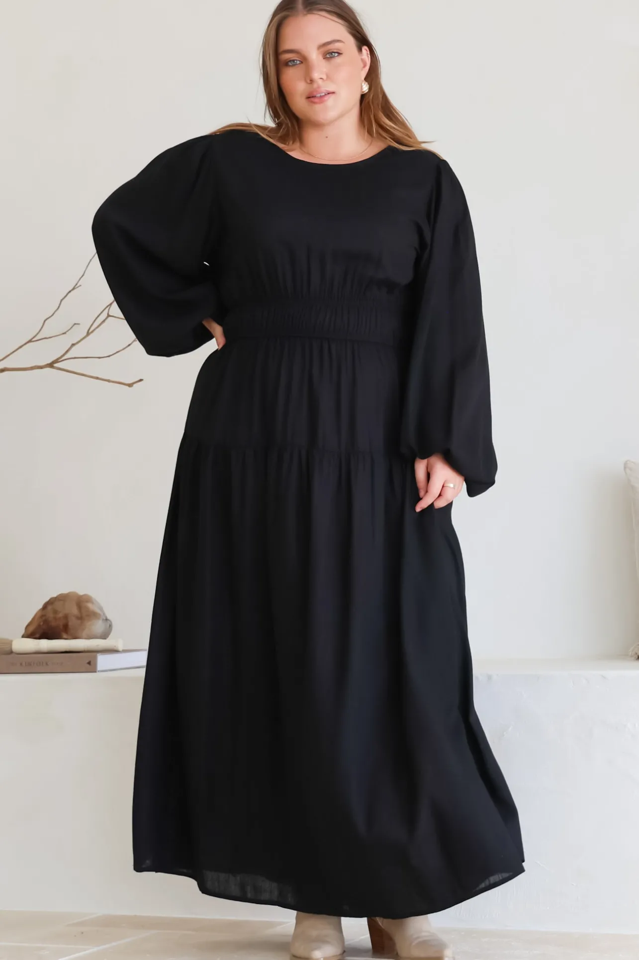Sheyne Maxi Dress - Long Balloon Sleeve Elasicated Waist A Line Dress in Black>Salty Crush Best