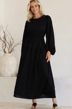 Sheyne Maxi Dress - Long Balloon Sleeve Elasicated Waist A Line Dress in Black><noscript><img width=