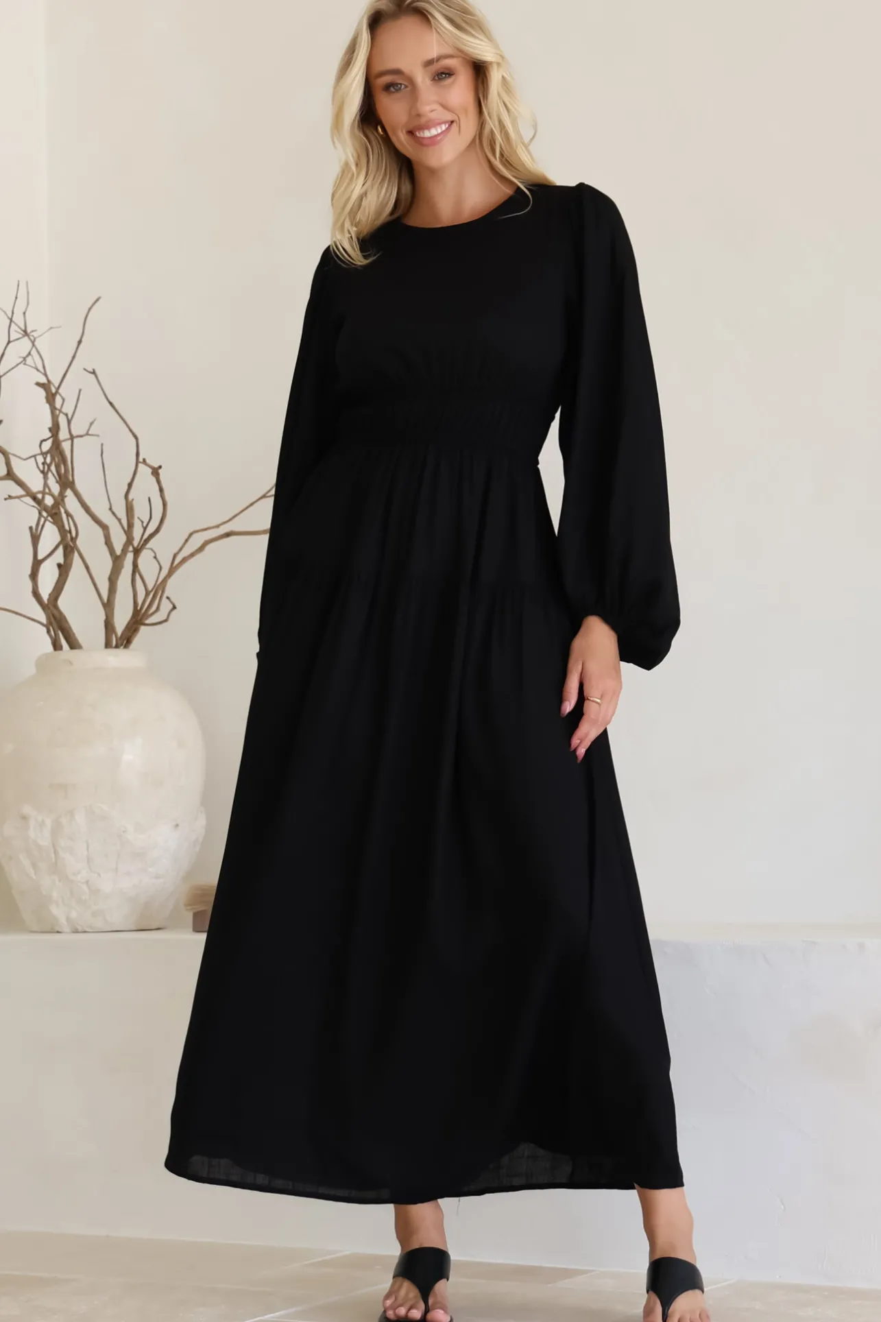 Sheyne Maxi Dress - Long Balloon Sleeve Elasicated Waist A Line Dress in Black>Salty Crush Best