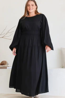 Sheyne Maxi Dress - Long Balloon Sleeve Elasicated Waist A Line Dress in Black><noscript><img width=
