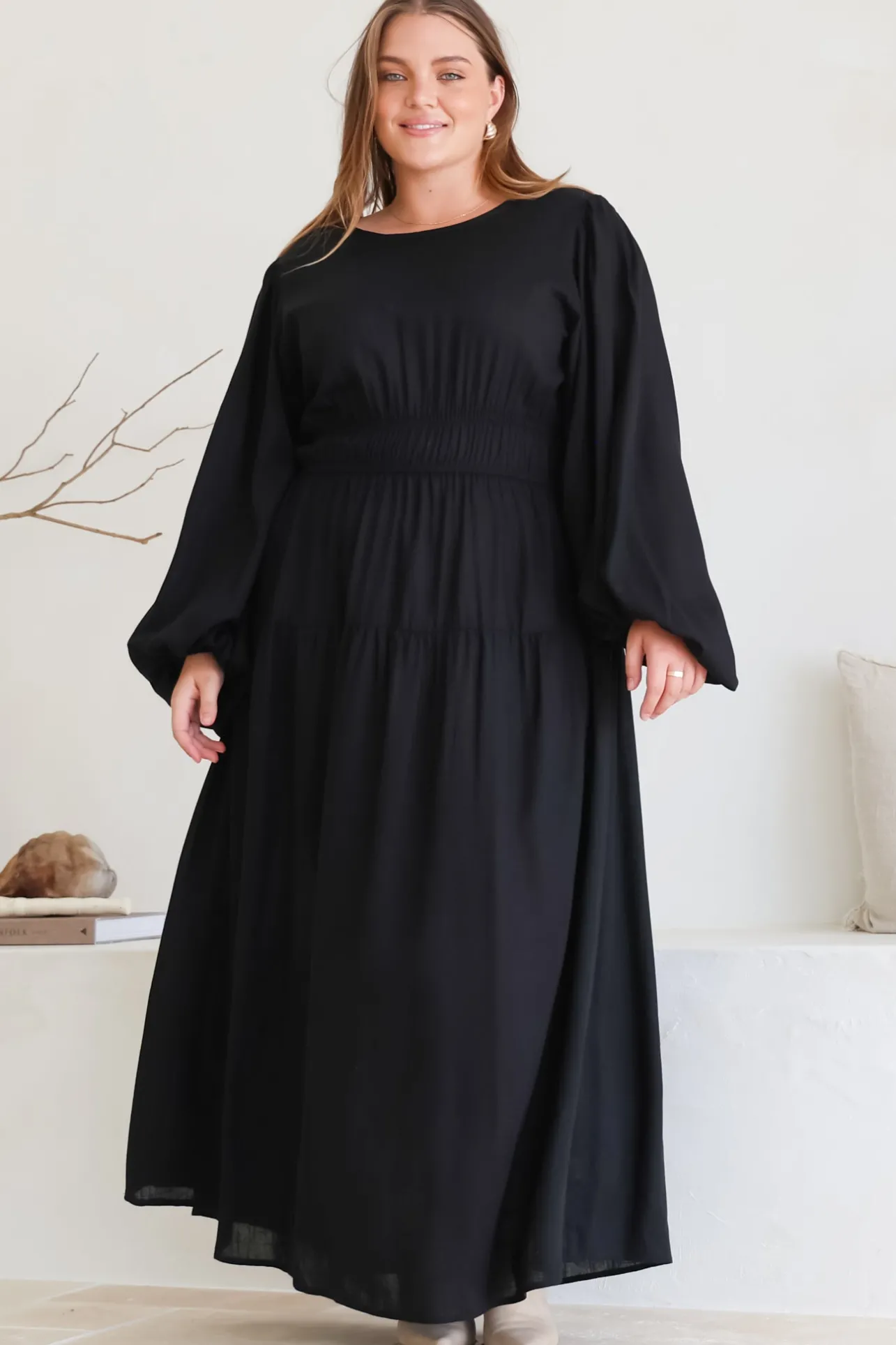 Sheyne Maxi Dress - Long Balloon Sleeve Elasicated Waist A Line Dress in Black>Salty Crush Best