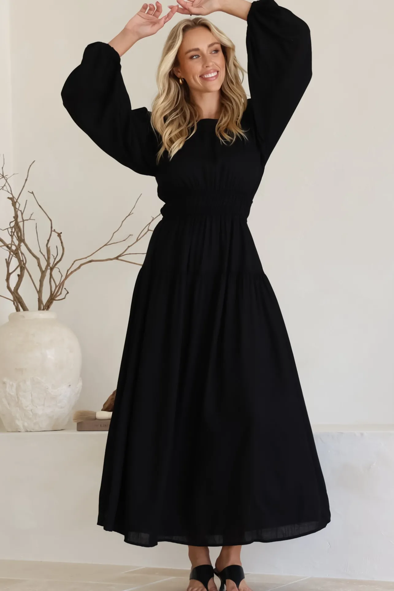 Sheyne Maxi Dress - Long Balloon Sleeve Elasicated Waist A Line Dress in Black>Salty Crush Best