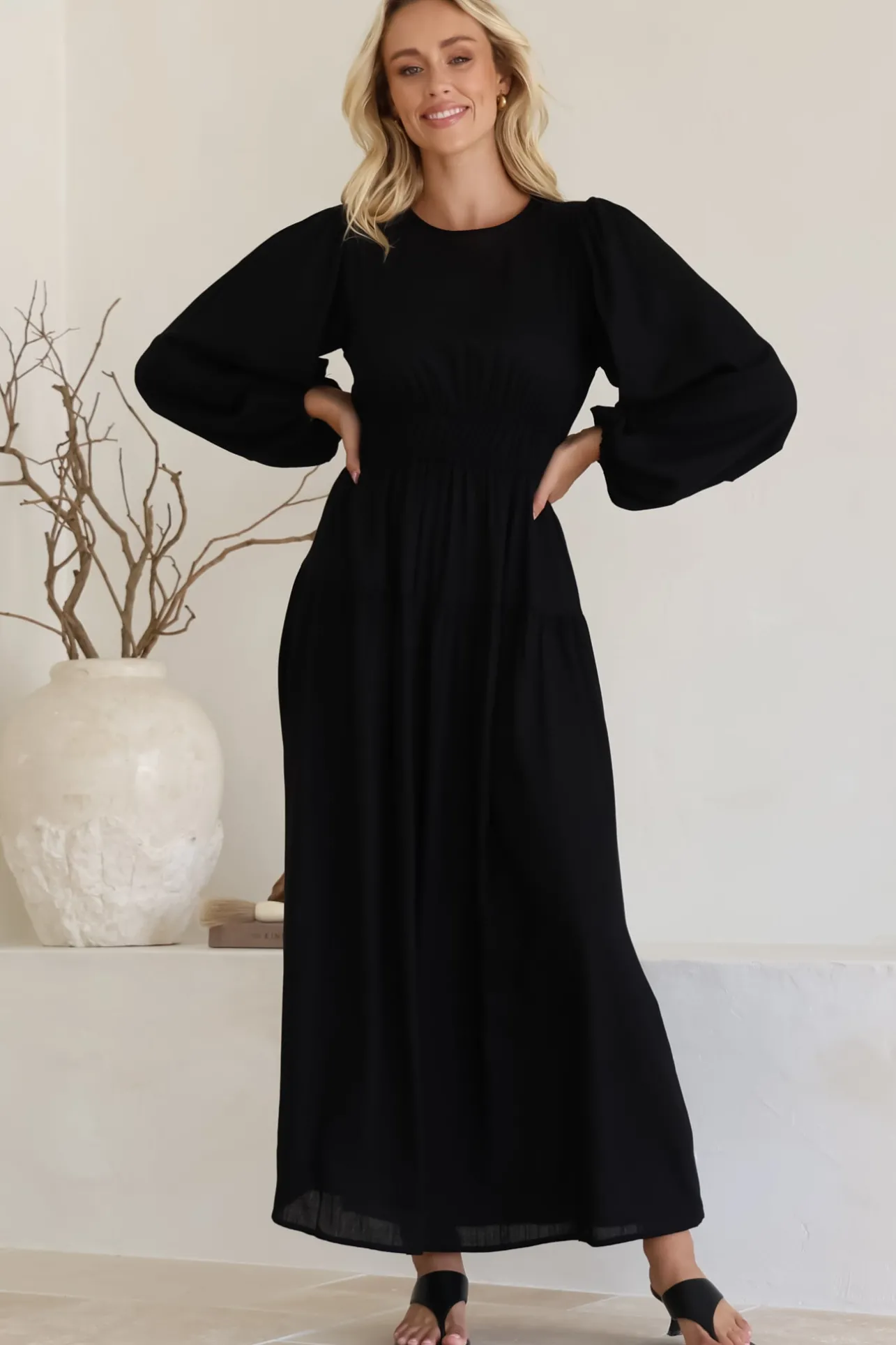 Sheyne Maxi Dress - Long Balloon Sleeve Elasicated Waist A Line Dress in Black>Salty Crush Best