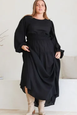 Sheyne Maxi Dress - Long Balloon Sleeve Elasicated Waist A Line Dress in Black><noscript><img width=