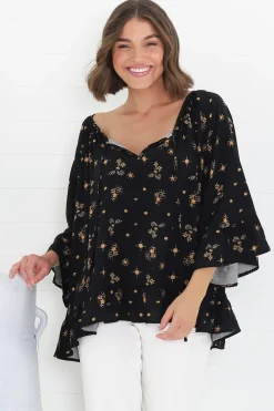 Shilo Top - V-Neck Smock Top with 3/4 Flute Sleeves in Melany Print Black>Salty Crush