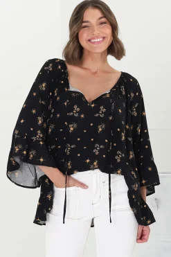 Shilo Top - V-Neck Smock Top with 3/4 Flute Sleeves in Melany Print Black>Salty Crush