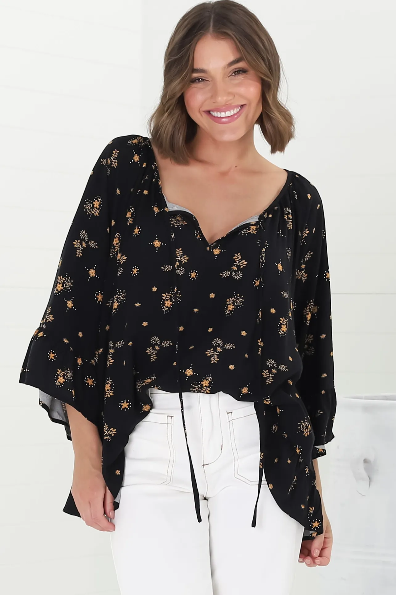 Shilo Top - V-Neck Smock Top with 3/4 Flute Sleeves in Melany Print Black>Salty Crush