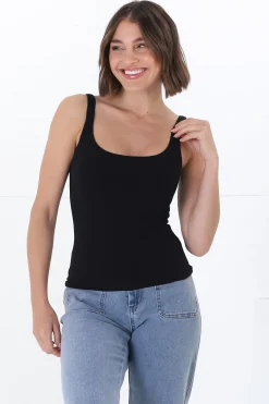Sidney Singlet - Thin Strap Square Neckline Double Layered Singlet in Black>Salty Crush New