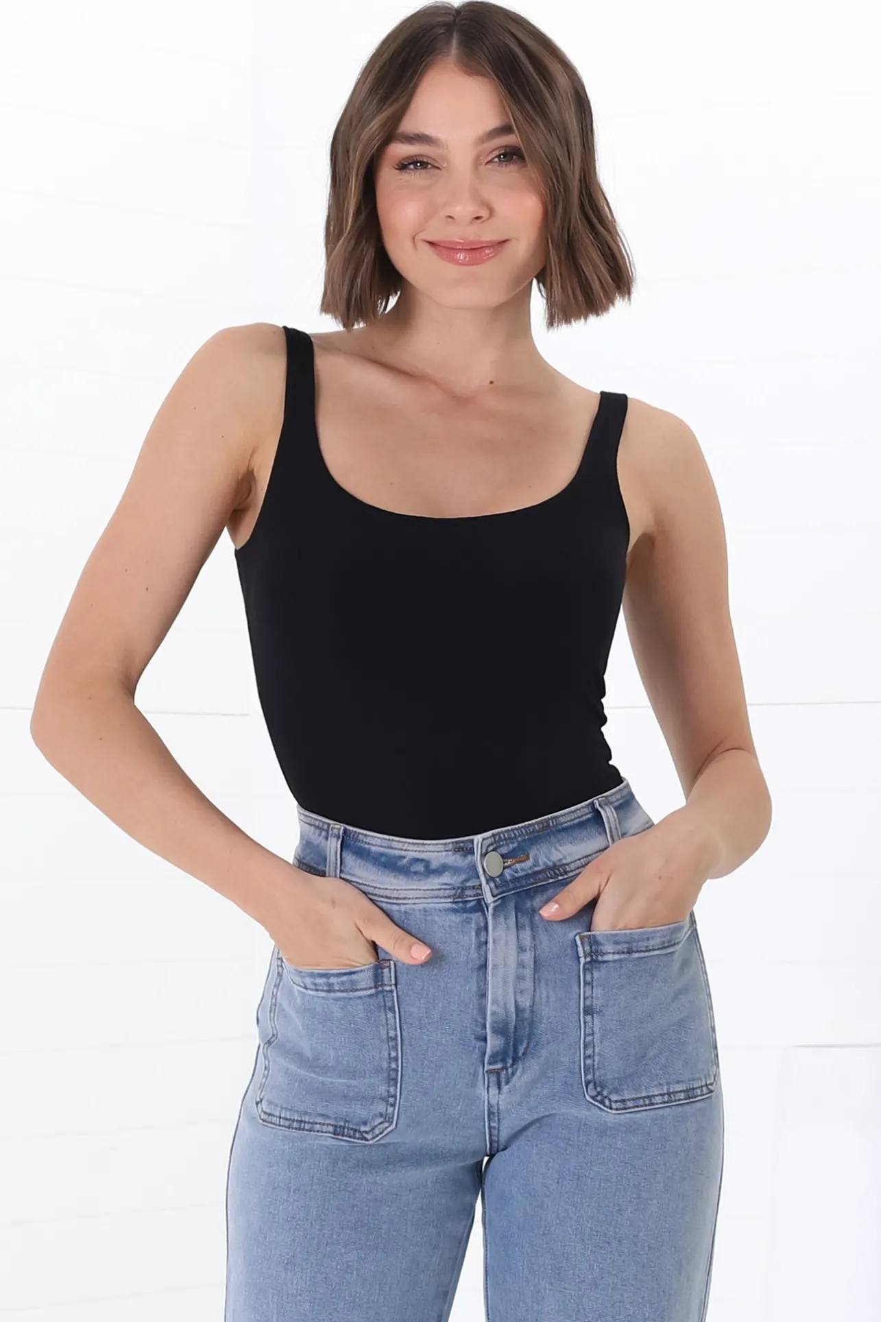 Sidney Singlet - Thin Strap Square Neckline Double Layered Singlet in Black>Salty Crush New