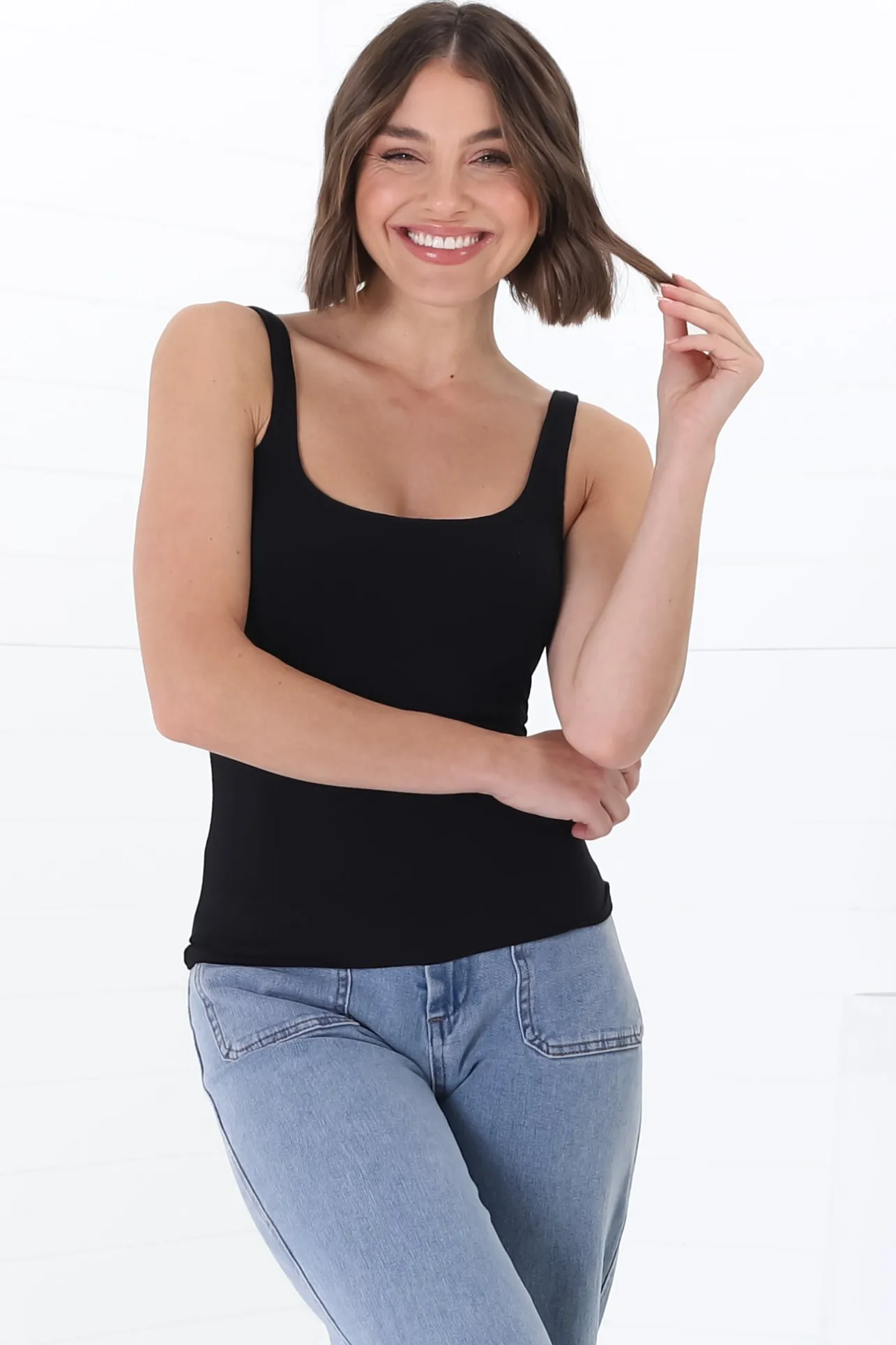 Sidney Singlet - Thin Strap Square Neckline Double Layered Singlet in Black>Salty Crush New