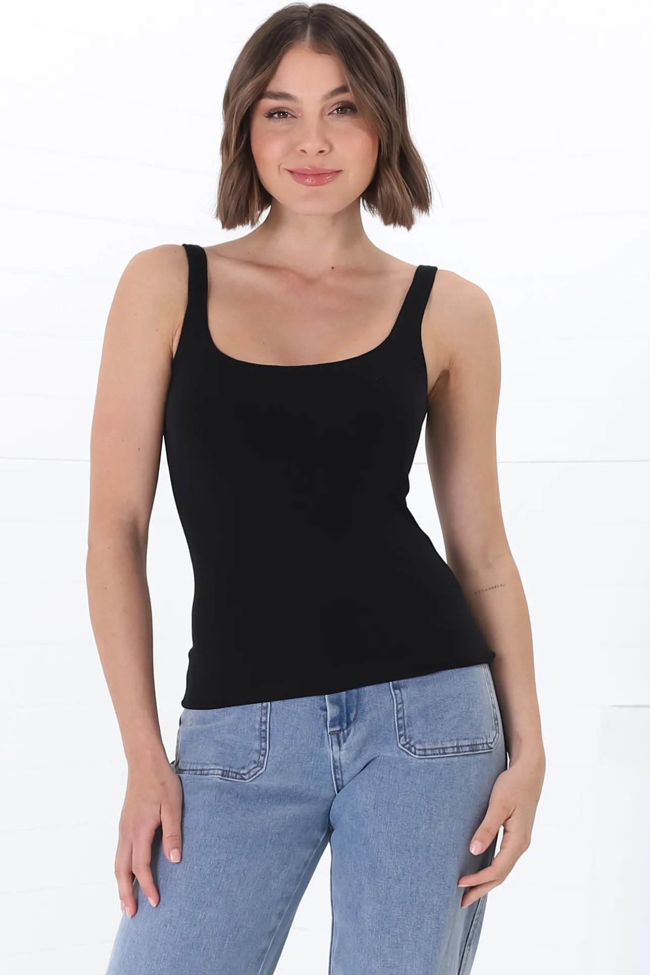 Sidney Singlet - Thin Strap Square Neckline Double Layered Singlet in Black>Salty Crush New